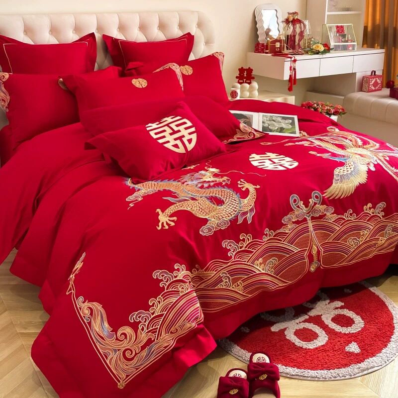 龙凤刺绣结婚四件套大红色被套全棉婚庆床上用品婚房喜被,床上用品,婚庆床品套件,淘宝优惠券,粉丝福利购,淘宝优惠卷