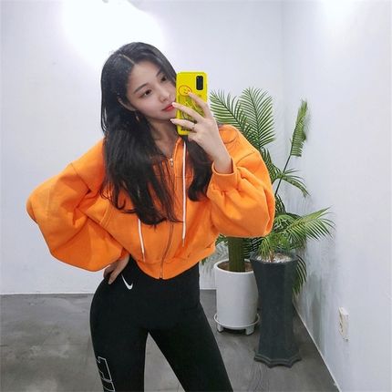 2024b春秋季新款加绒连帽运动短款卫衣时尚宽松拉链开衫外套女潮