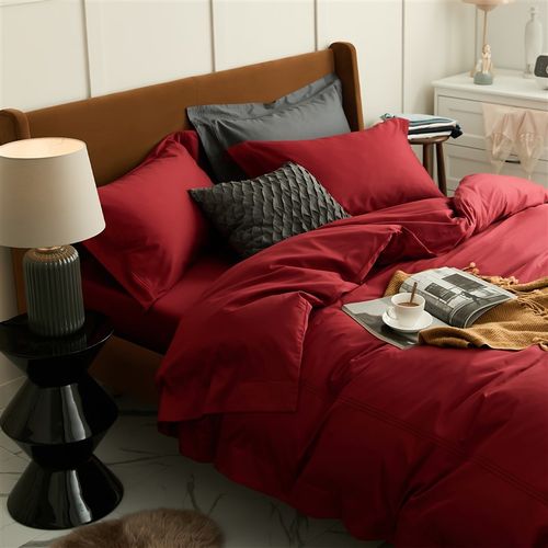 北欧轻奢风100支全棉滚边刺绣红色被套纯棉床单结婚庆床品四件套