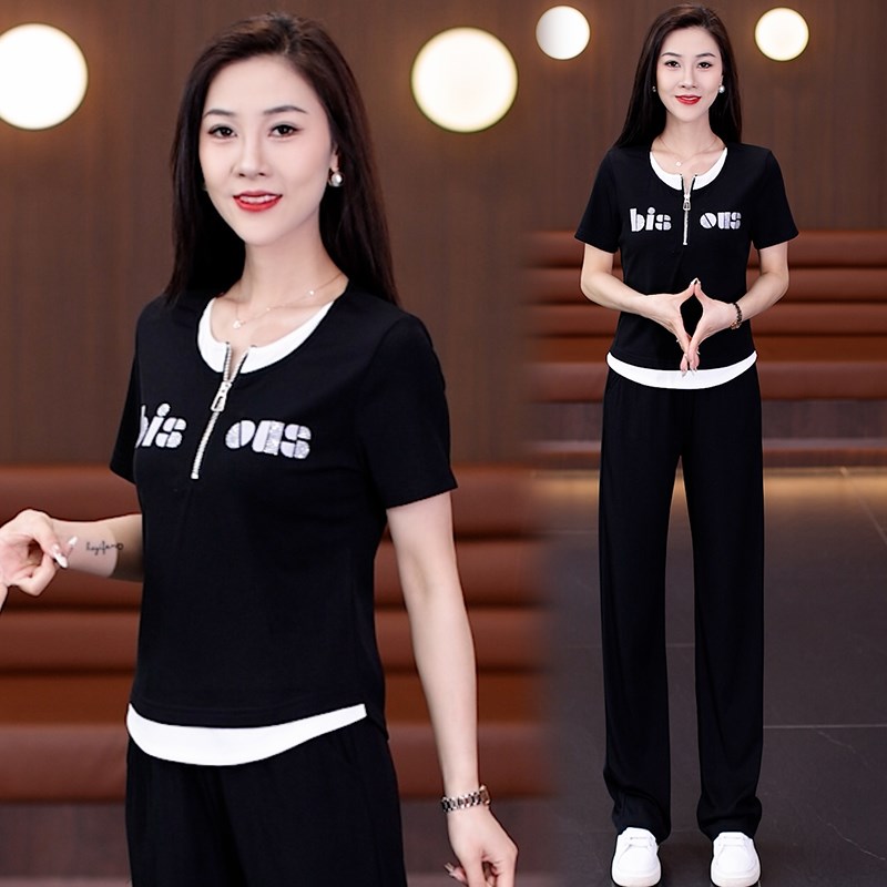 时尚休闲短袖直筒裤两件套女夏季薄款2024新款青春减龄运动服套装