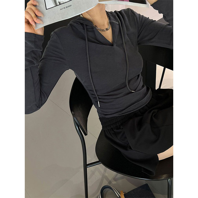 连帽卫衣女夏季薄款设计感v小众修身显瘦纯欲长袖T恤短款正肩上衣