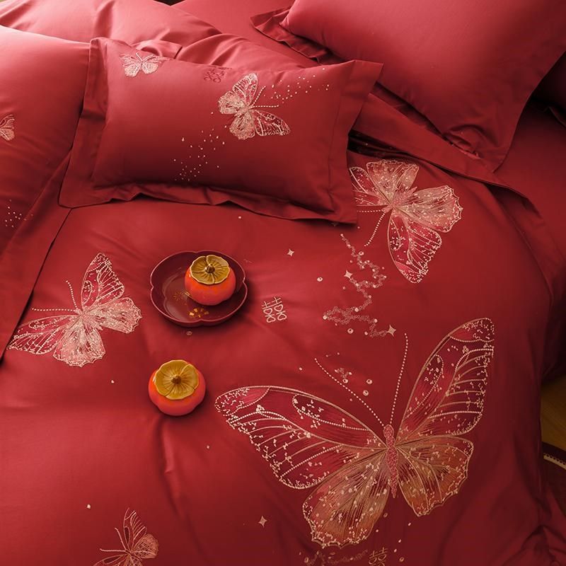 比翼双飞红色喜庆刺绣长绒棉四件套结婚陪嫁被套全棉床单中式床品,床上用品,婚庆床品套件,淘宝优惠券,粉丝福利购,淘宝优惠卷