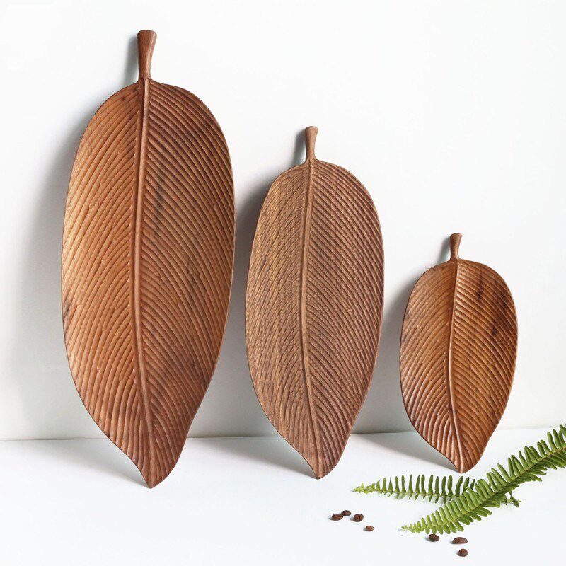 Leaf Pattern Walnut Rubber Wood Pan Plate Fruit Dishes Sauce