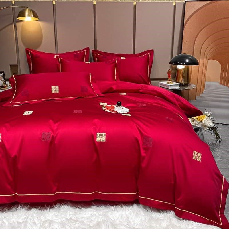 床单婚房四件套欧式刺绣婚庆被被单红色婚礼大喜被套结婚,床上用品,婚庆床品套件,淘宝优惠券,粉丝福利购,淘宝优惠卷