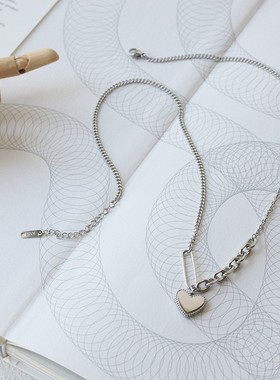 不掉色小众银色爱心拼接链条项链中长链2021年新款设计感七夕