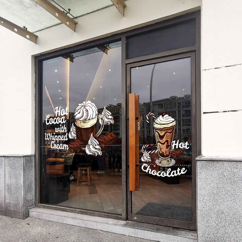 商场店铺咖啡馆热可可手绘插画窗贴橱窗氛围布置玻璃贴纸静电贴膜