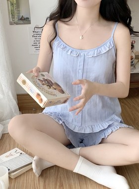纯欲风吊带睡衣女夏季纯棉2024新款女士带胸垫蓝色两件套装家居服