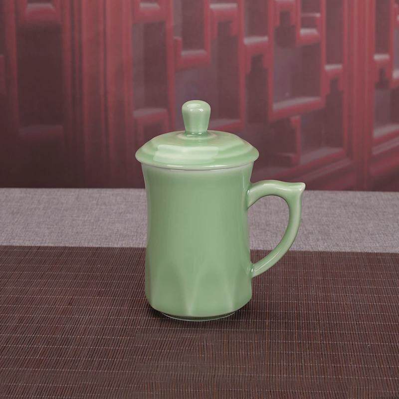 精品青瓷八角菱茶杯简约家用泡茶杯子陶瓷带盖喝水杯定制办公杯