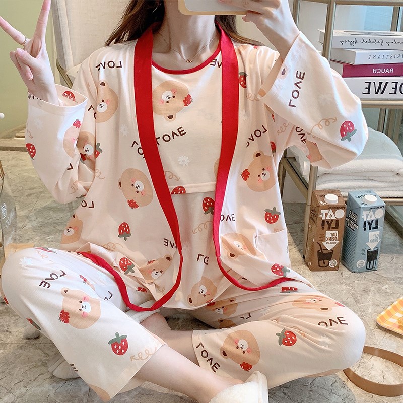 待产月子服春秋季纯棉产后喂奶哺乳和服三件套孕妇S睡衣春夏12月