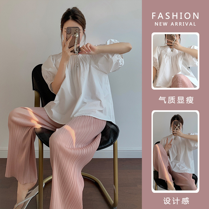孕妇时尚套装洋气时髦泡泡袖上衣宽松托腹裤子夏天休闲外穿两件套