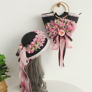 女包夏季花朵手工度假草编包袋编织包手提包草包海边沙滩遮阳草帽