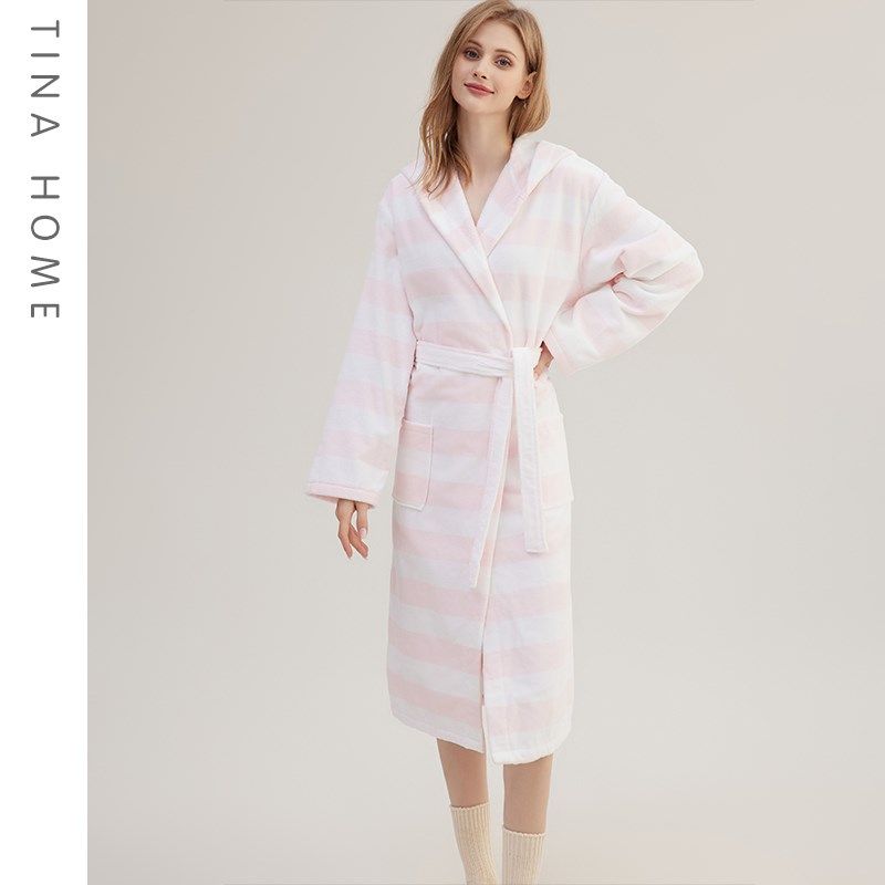 割绒温柔清新浅粉色条纹连帽浴袍薄款吸水宽松四季薄款亲子睡袍,女士内衣/男士内衣/家居服,睡袍/浴袍,淘宝优惠券,粉丝福利购,淘宝优惠卷