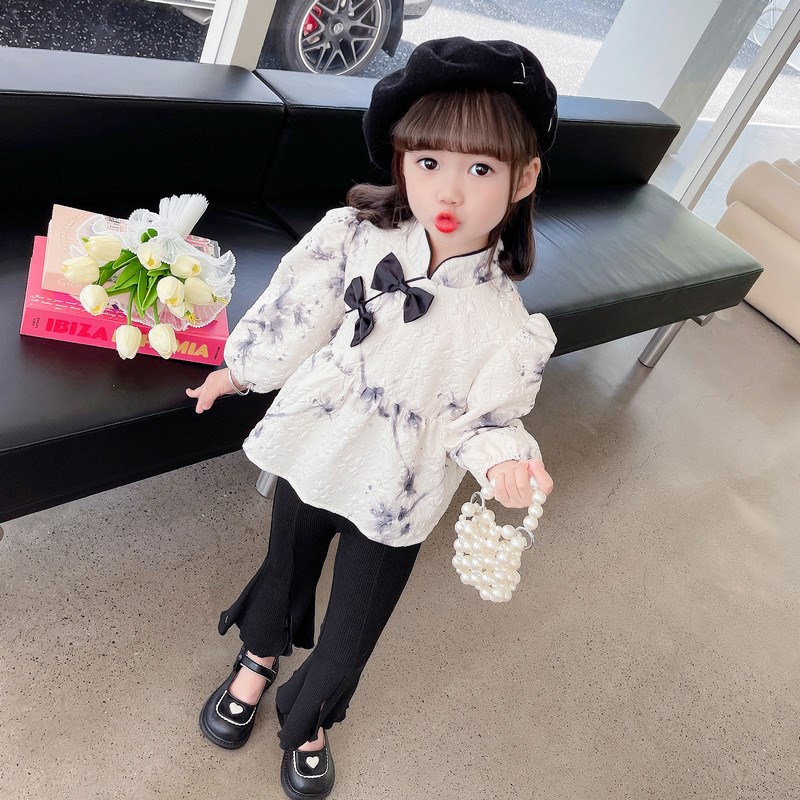 新品女童春装水墨画套装2024新款儿童春秋季中国风童装女宝洋气两