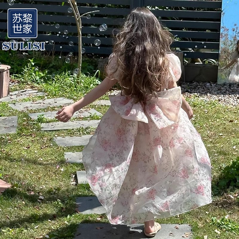 高货现货速发童装女童裙子儿童蝴蝶结公主裙夏装泡泡袖碎花蓬蓬连