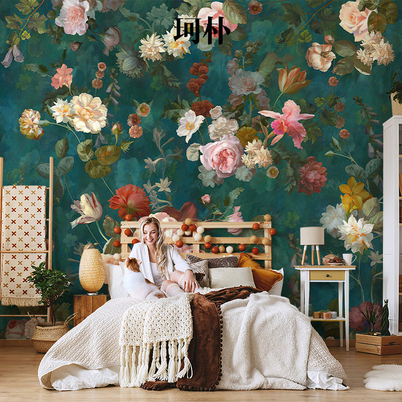珂朴美式手绘花朵壁画墨绿色背景壁纸无纺布墙纸客厅电视背景墙,家装主材,无纺布墙纸,淘宝优惠券,粉丝福利购,淘宝优惠卷