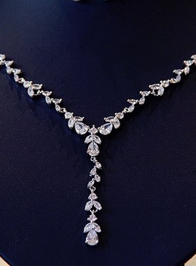 清新新娘项链耳环结婚首饰套装锆石吊坠婚礼宴会首饰婚纱礼服配饰