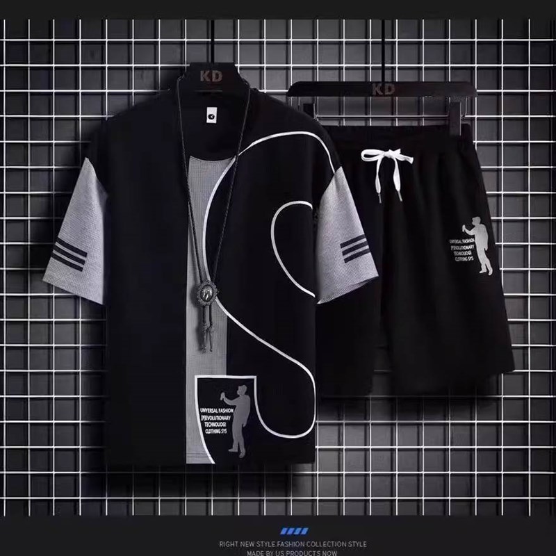 2023港风夏季韩版运宽松套装男生动T恤学生短袖简约五分裤高新款