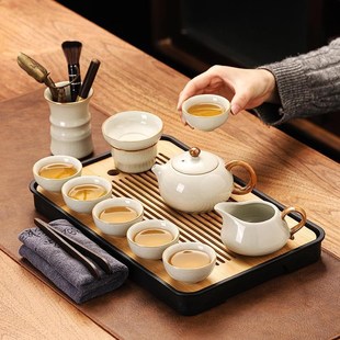 便携户外露营泡茶家用小套装 米黄汝窑旅行茶具套装 喝茶杯茶具全套