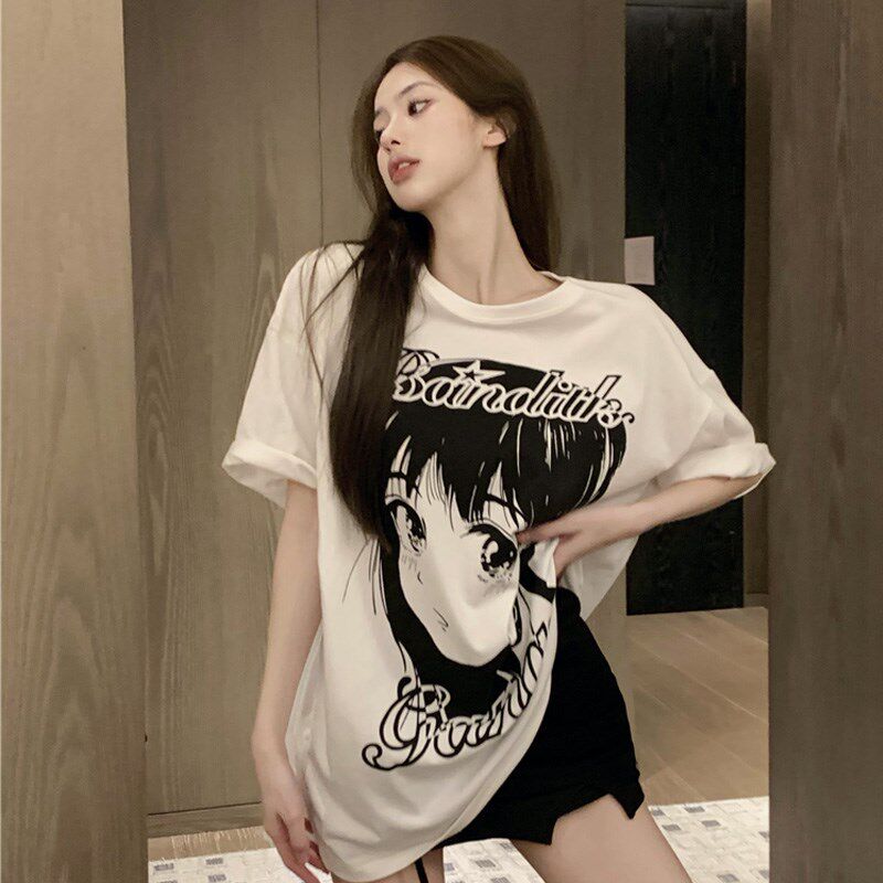潮牌202c4新款复古黑白动漫卡通圆领短袖T恤女宽松中长款简约上衣
