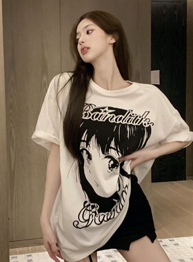 潮牌202c4新款复古黑白动漫卡通圆领短袖T恤女宽松中长款简约上衣