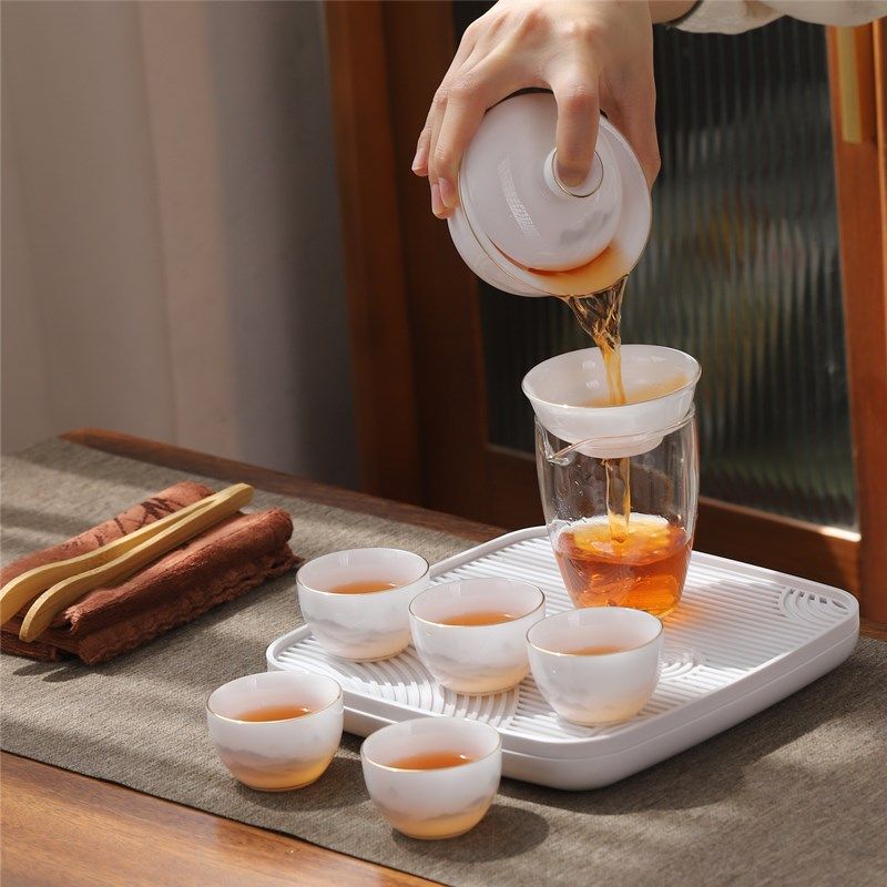 冰种旅行功夫茶具小套装羊脂玉白瓷盖碗便携茶杯户外喝茶一人独饮