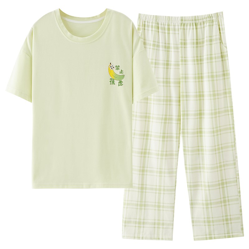 新款短袖睡衣女夏季纯棉T恤长裤套装卡通春夏圆领家居服宽松大码