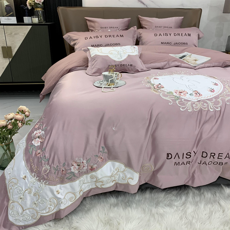 欧式纯棉刺绣四件套粉色少女心公主风床单被套全棉婚庆床上用品