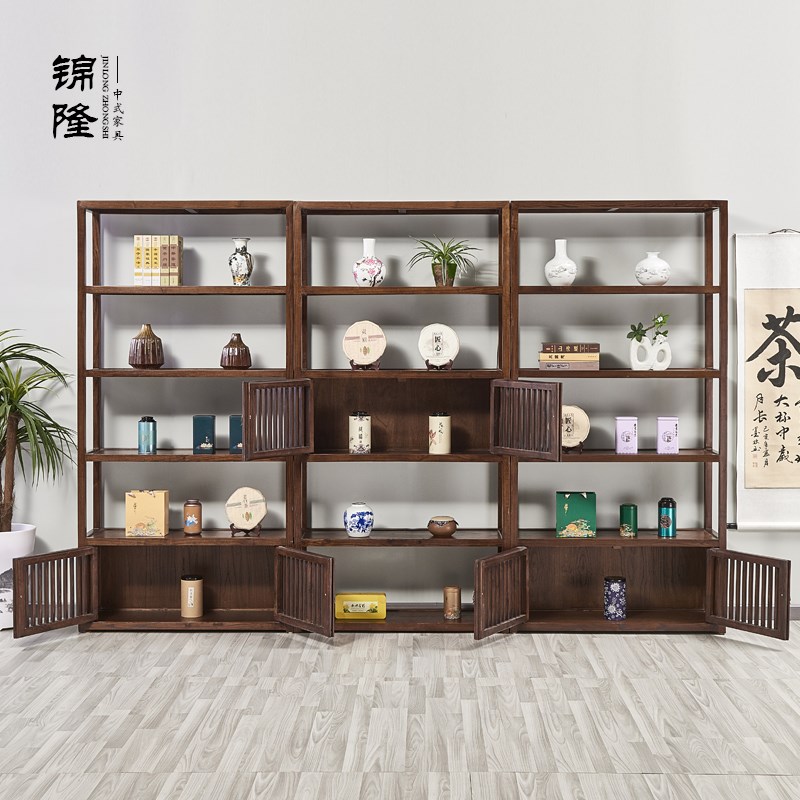 茶叶展示架货架书架实木老榆木带灯茶具多宝格普洱茶陈列柜摆货架