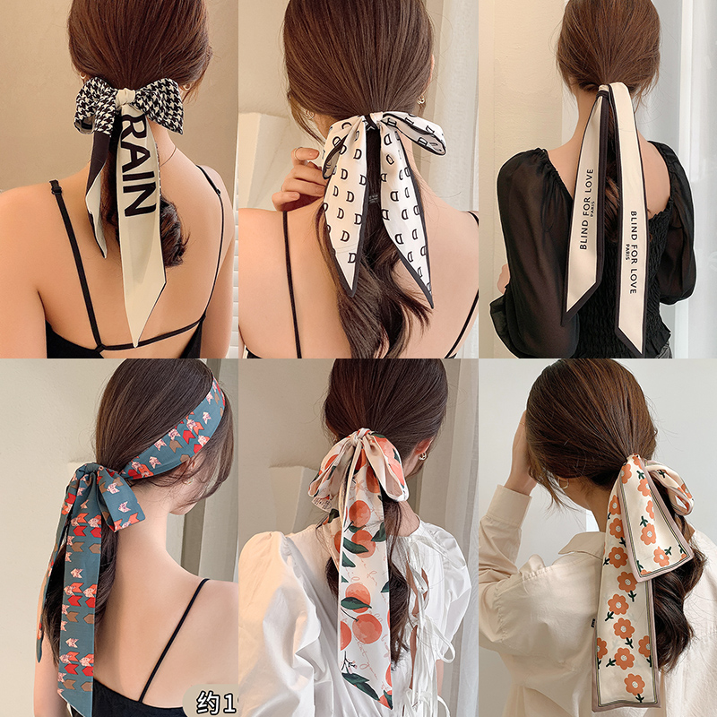 速发Fashion Printing Chiffon Check Grace Long Ribbon Bow Lad