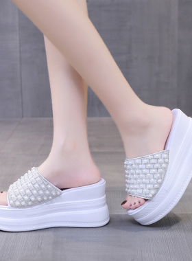 内增高松糕鱼嘴凉鞋9CM坡跟厚x底防水台白色2023夏季新款高跟女拖