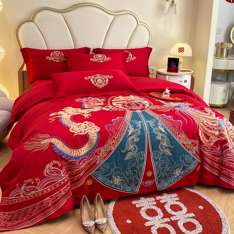 中式龙凤结婚四件套全棉刺绣被套大红色床单婚庆婚房床上用品,床上用品,婚庆床品套件,淘宝优惠券,粉丝福利购,淘宝优惠卷