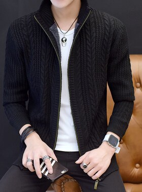 开衫毛衣男士加绒加厚韩版拉链针织衫外套带绒高领秋冬季男装潮流