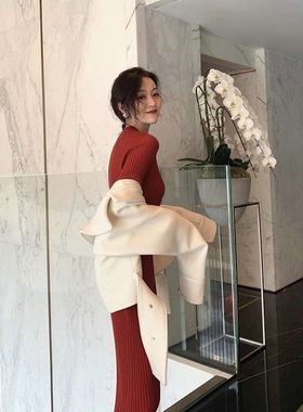 法式赫本风长裙显瘦显高红色针织毛衣内搭长款过膝连衣裙子女秋冬
