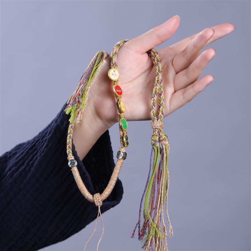 藏式手搓棉绳项链绳蜜蜡唐卡佛牌吊E坠绳五路财神手工编绳高档挂