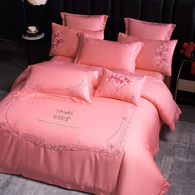 粉色大红色结婚庆喜庆被套四件套全棉纯棉刺绣花婚嫁床品送礼出嫁