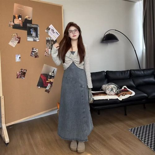 大码女装2025春秋新款韩版时尚百搭显瘦针织罩衫牛仔连衣裙两件套