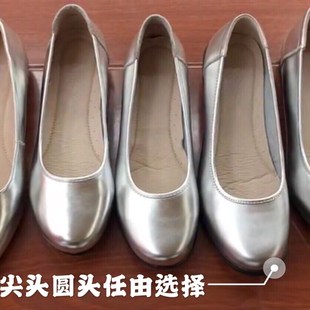 海航制服空姐鞋尖头银色高跟细跟空乘工作单鞋平底鞋伴娘婚鞋女