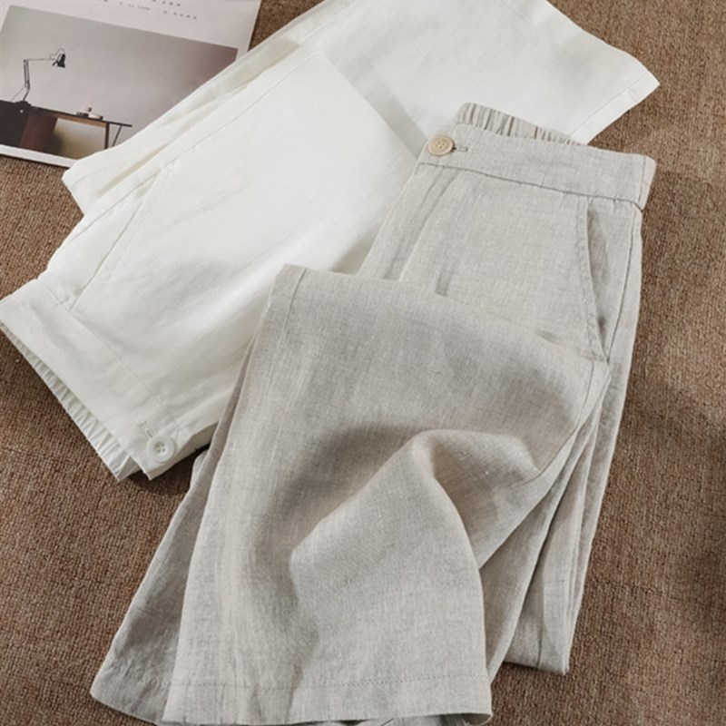 亚麻阔腿裤女2024新款小个子九分裤子夏季薄款宽松显瘦休闲直筒裤
