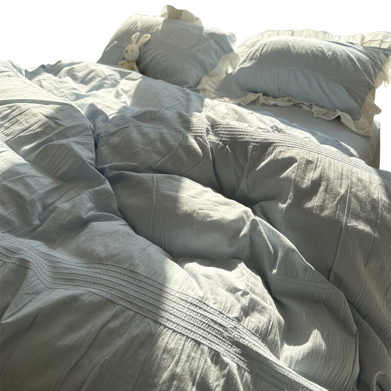 公主风纯色泡泡纱雾蓝花边款纯棉四件套1.5m1.8米被套床单少女心