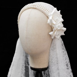 新娘法式复古珍珠蕾丝民国风头纱帽气质新娘结婚头饰影楼旅拍发饰