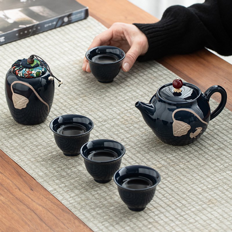 现货11头浮雕莲花中国风陶瓷茶具套装公司尾牙年会搞活动礼品印制