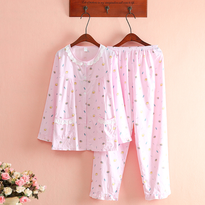 全棉斜纹布睡衣女春夏薄款长袖小清新碎花梭织布睡衣家居服套