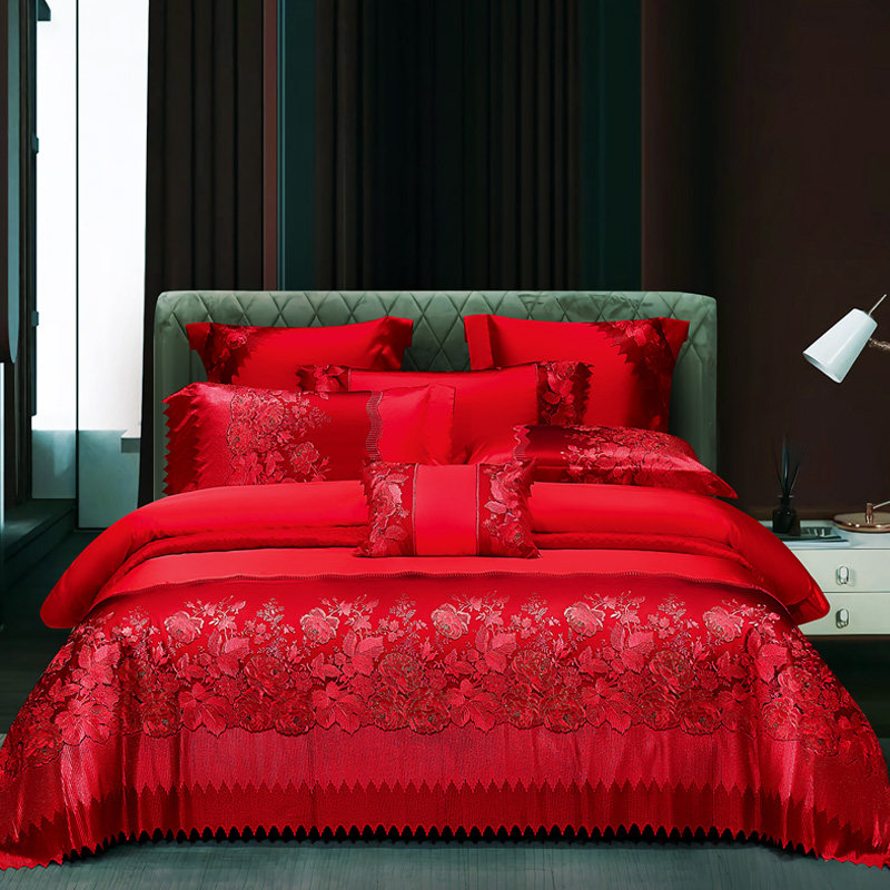 高档奢华真丝棉婚庆床上用品四件套 大红蕾丝花边结婚六八十件套,床上用品,婚庆床品套件,淘宝优惠券,粉丝福利购,淘宝优惠卷