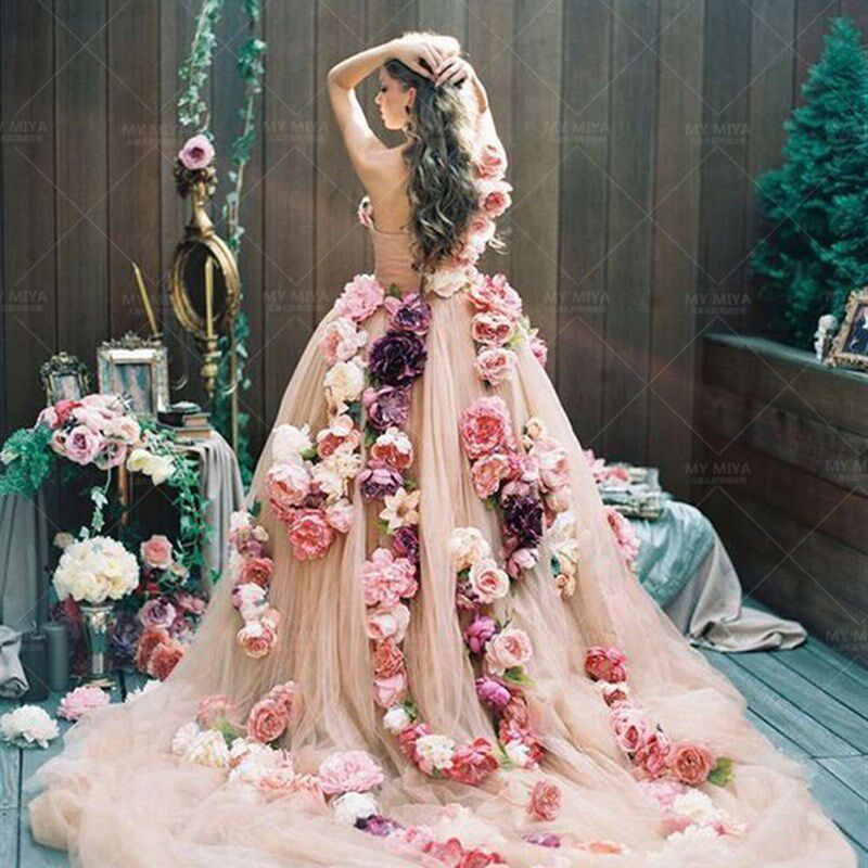 粉嫩手工花朵儿童礼服 超仙抹胸B婚纱公主蓬蓬裙生日晚礼服长拖尾