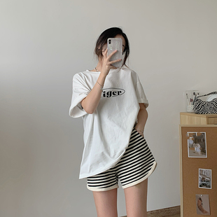 孕妇短裤女夏季外穿时尚宽松薄款纯棉黑白条纹阔S腿裤休闲运动裤