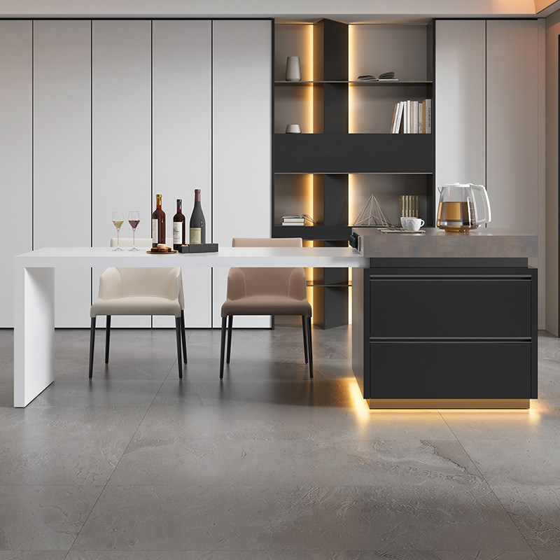 岛台餐桌一体家用可伸缩岩板中导台厨房带电磁炉窄倒台储物茶吧台