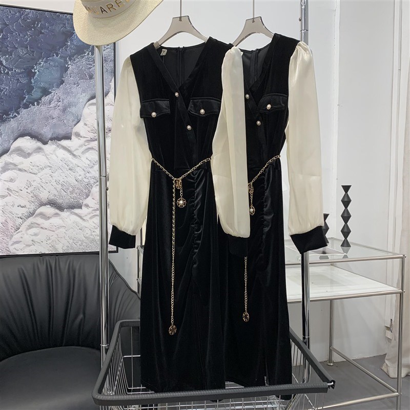 绒面连衣裙长裙女V领气质高级感拼接蕾丝纯欲风连衣裙 A#28