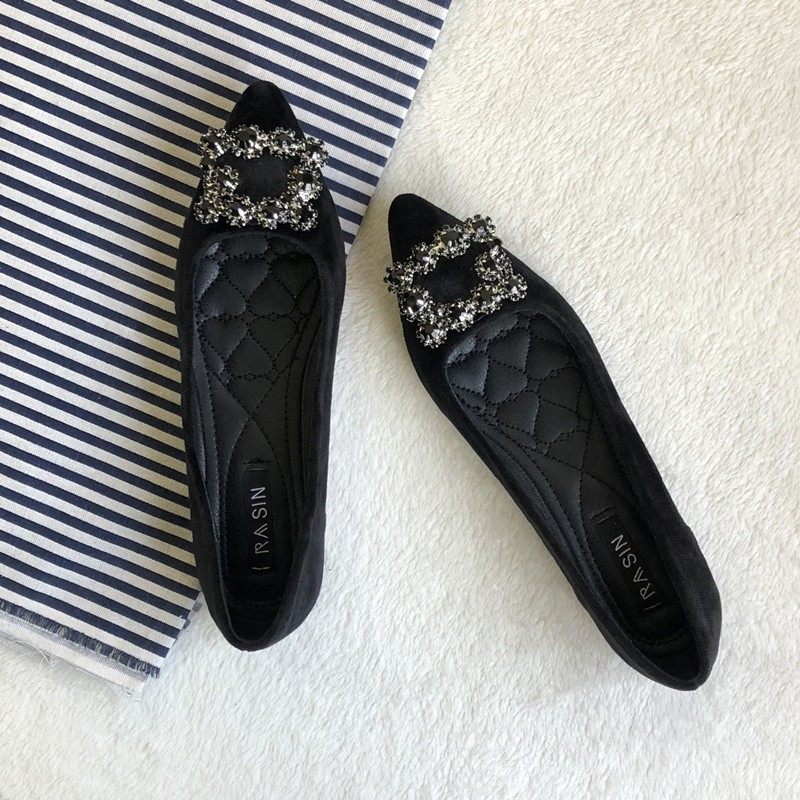 单鞋女2021秋冬新款韩s版尖头水钻方扣加绒平底鞋浅口百搭黑色瓢,女鞋,浅口单鞋,淘宝优惠券,粉丝福利购,淘宝优惠卷
