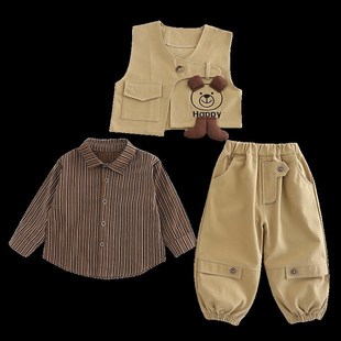 男童工装套装2025春秋新款洋气宝宝春秋季韩版儿童帅气马甲三件套