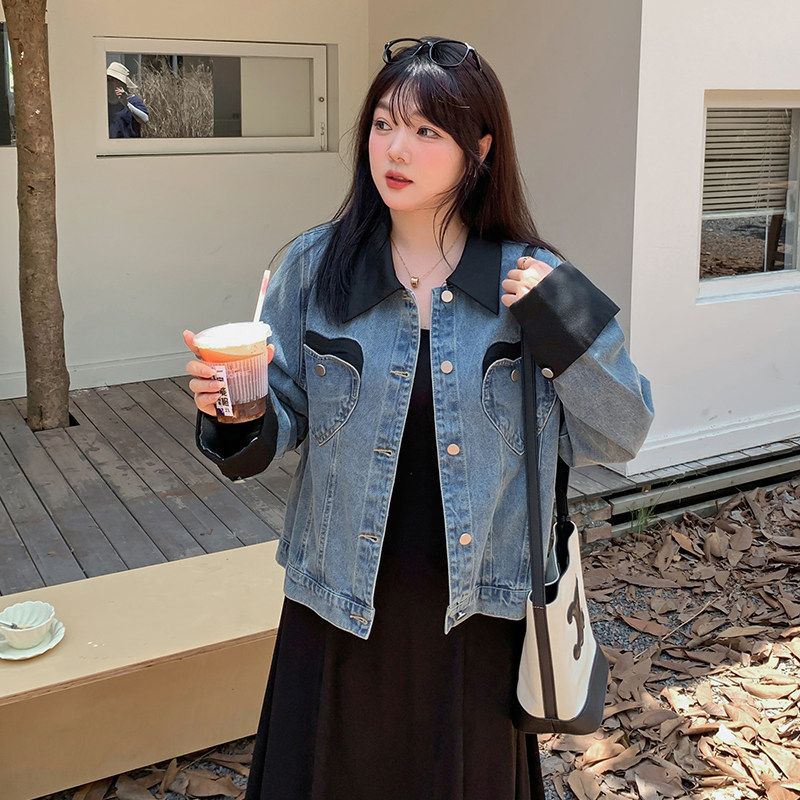 春秋款厚外套女加肥加大码撞色爱心口袋牛仔上衣长袖胖mm夹克上衣
